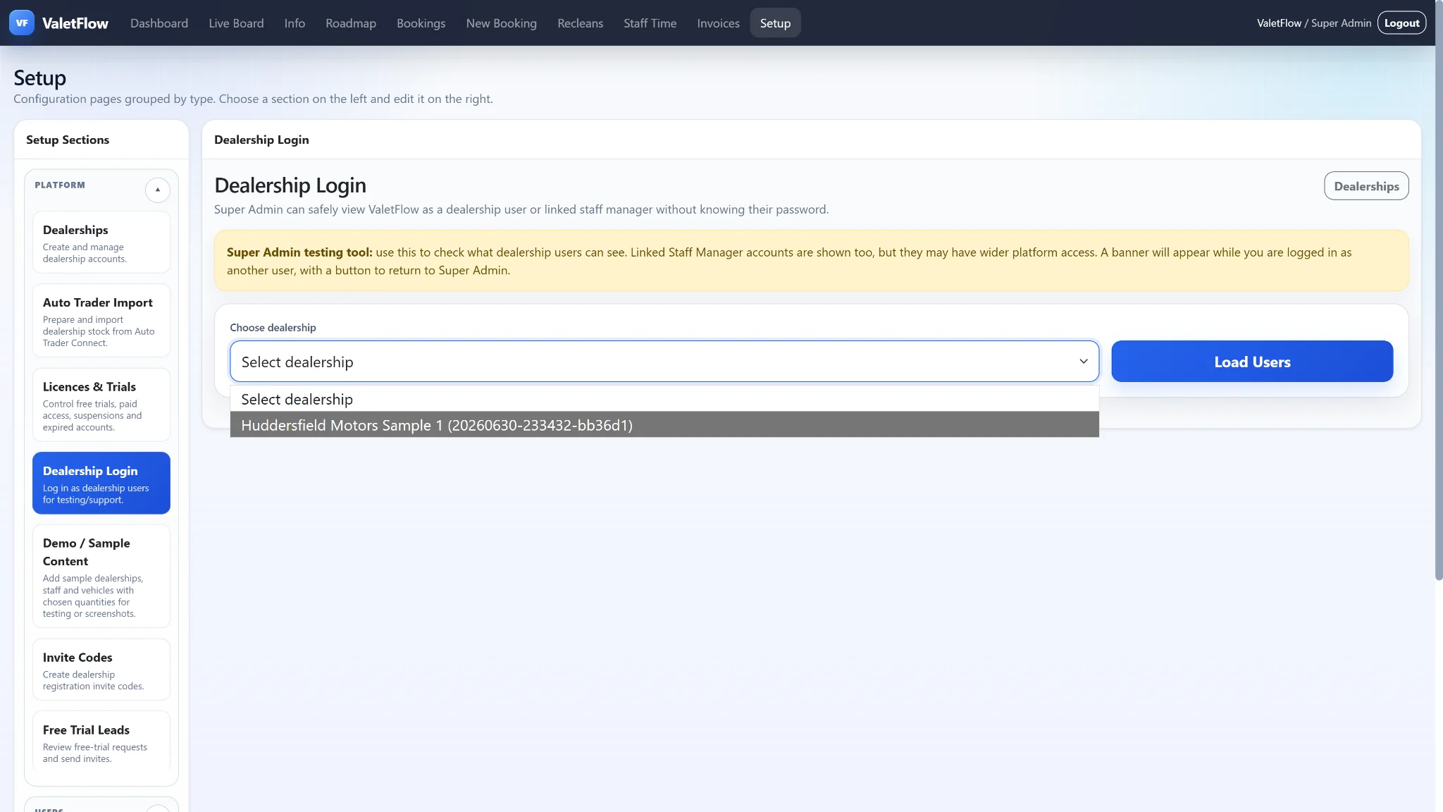 ValetFlow dealership login testing page for Super Admin
