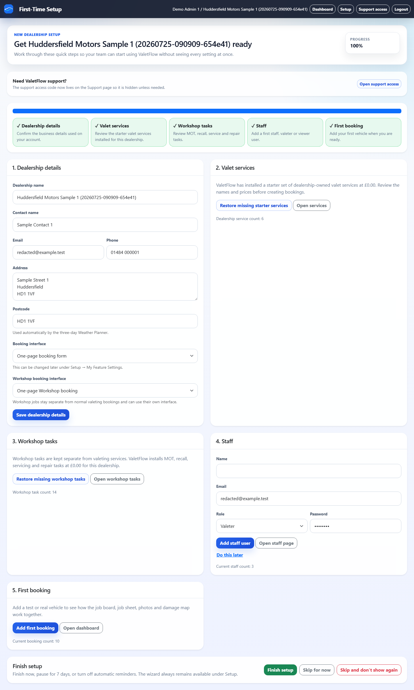 ValetFlow Setup Wizard showing the steps required to prepare a dealership account.
