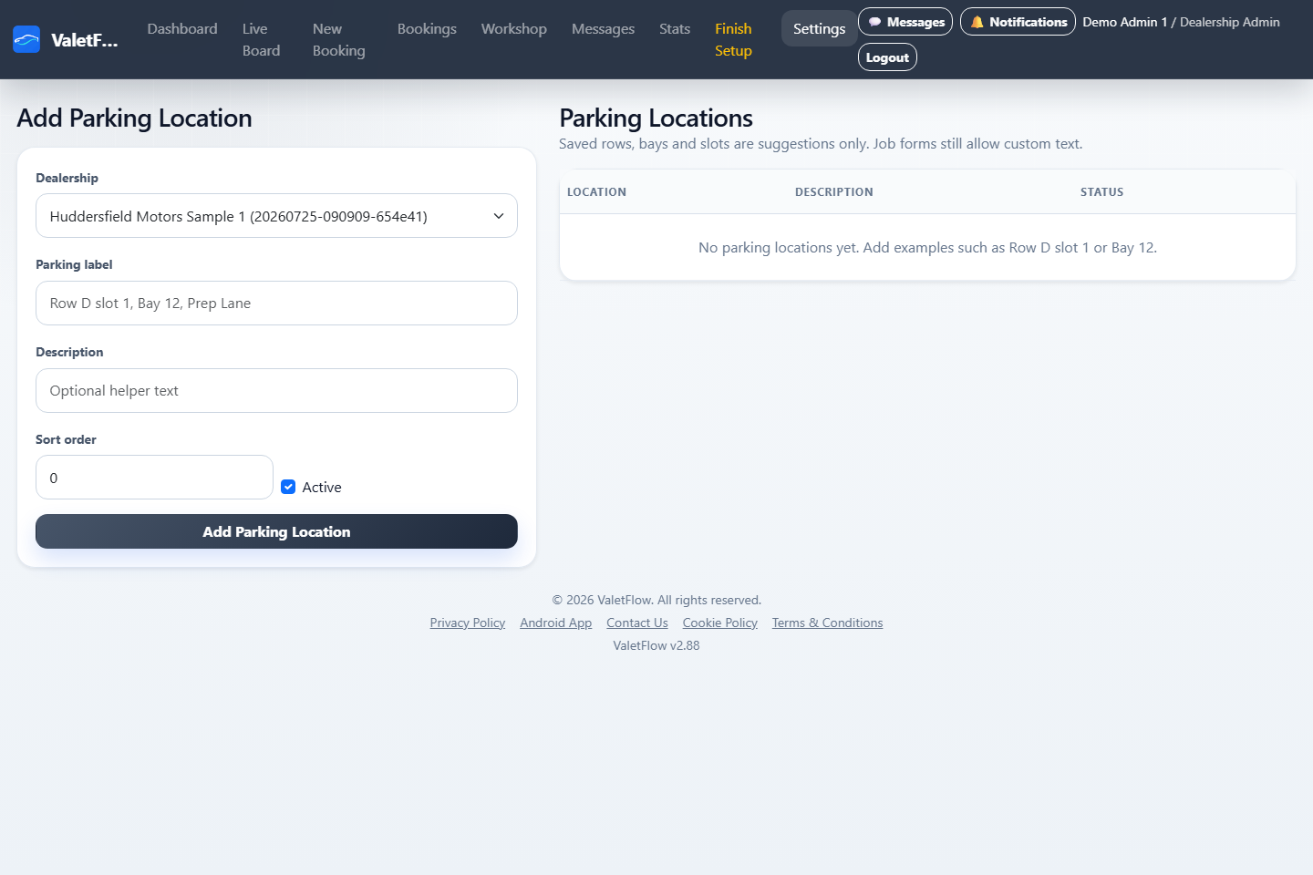 ValetFlow parking location management page showing dealership bays and location labels.