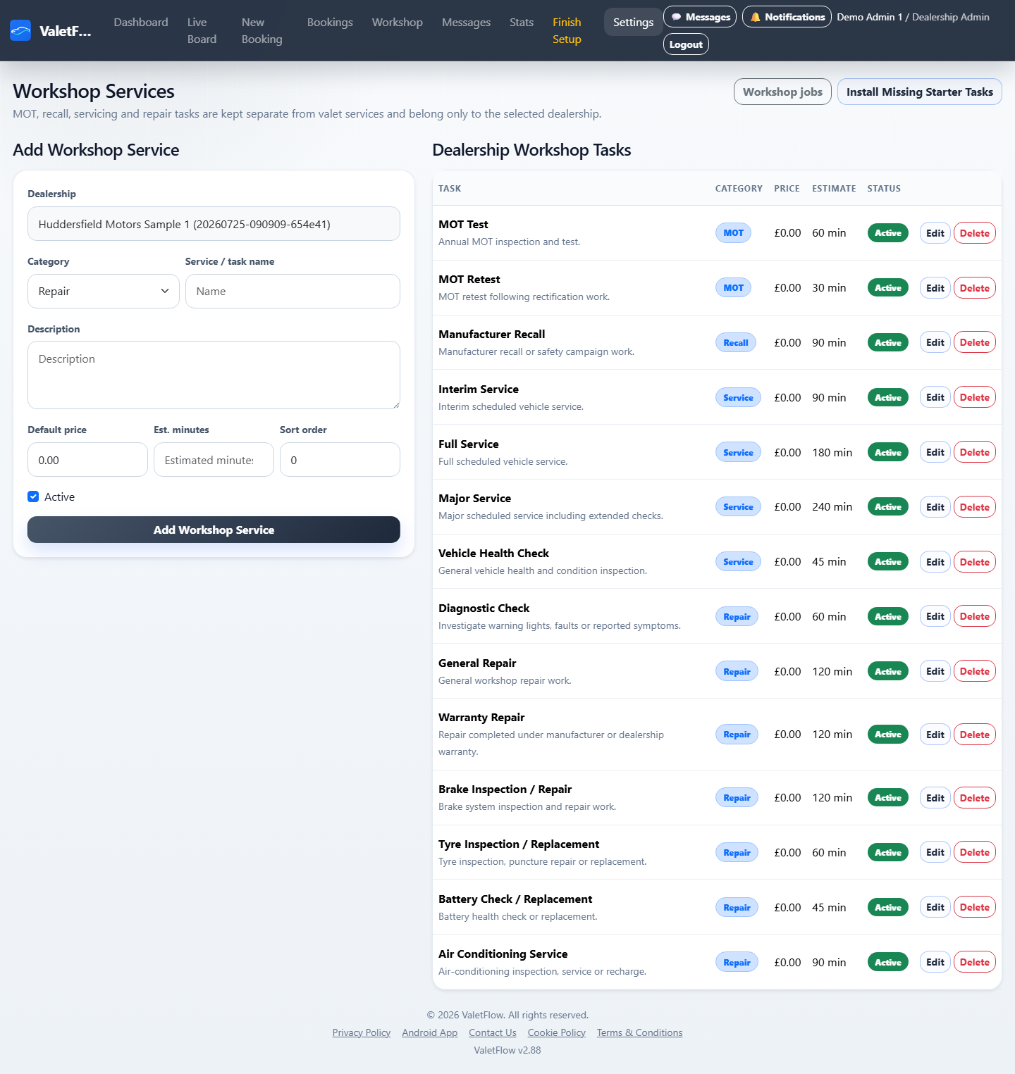 ValetFlow Workshop services page showing configured Workshop task types.