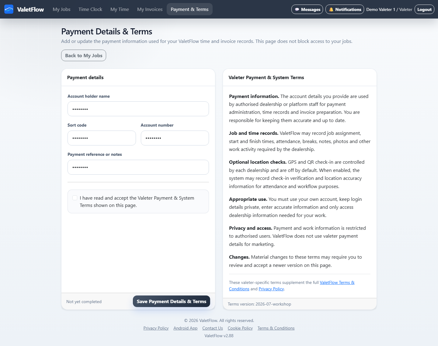 ValetFlow valeter payment details and terms page with pay and employment settings redacted.