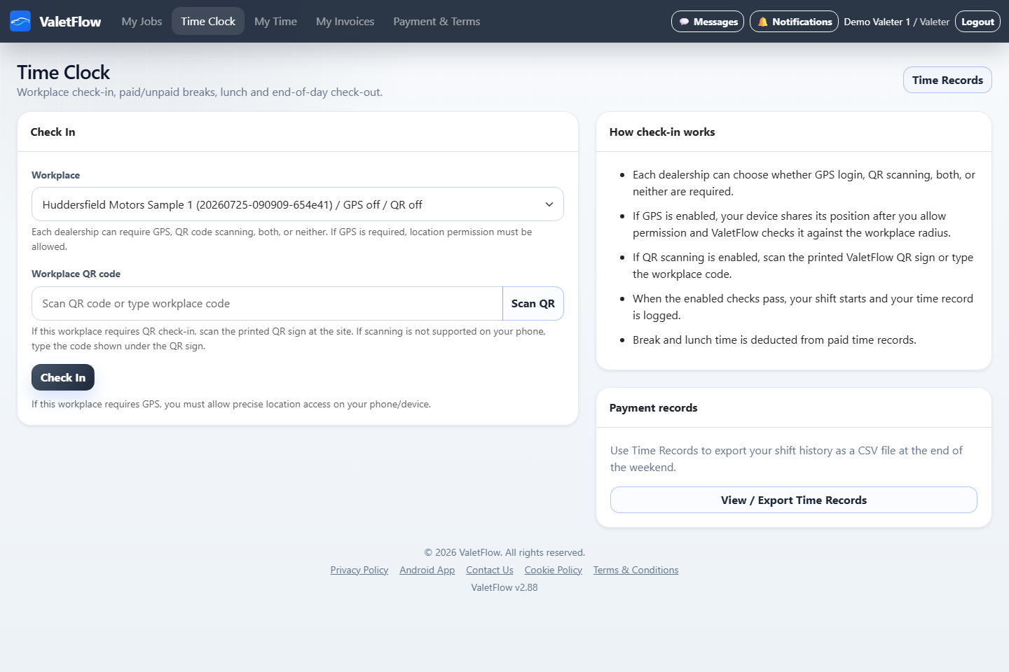 ValetFlow valeter time clock page for starting and ending attendance.