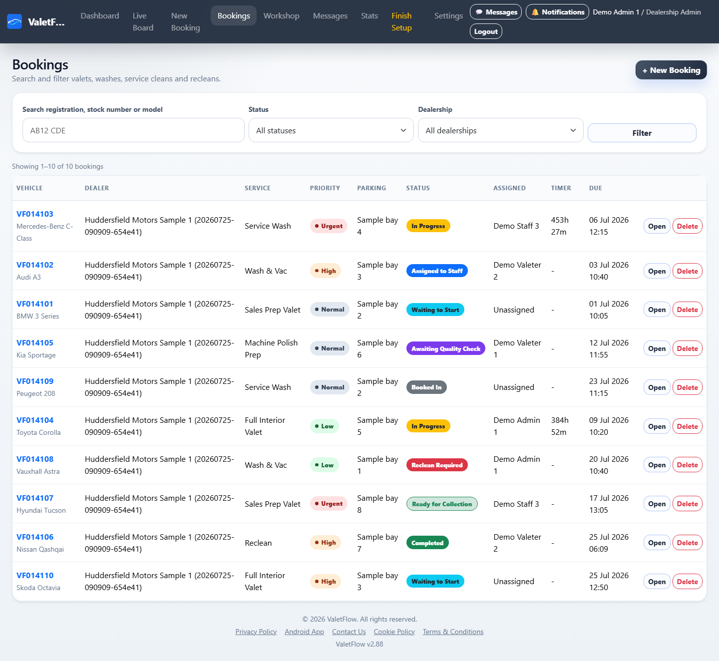 ValetFlow bookings list showing vehicle records, statuses and booking controls.