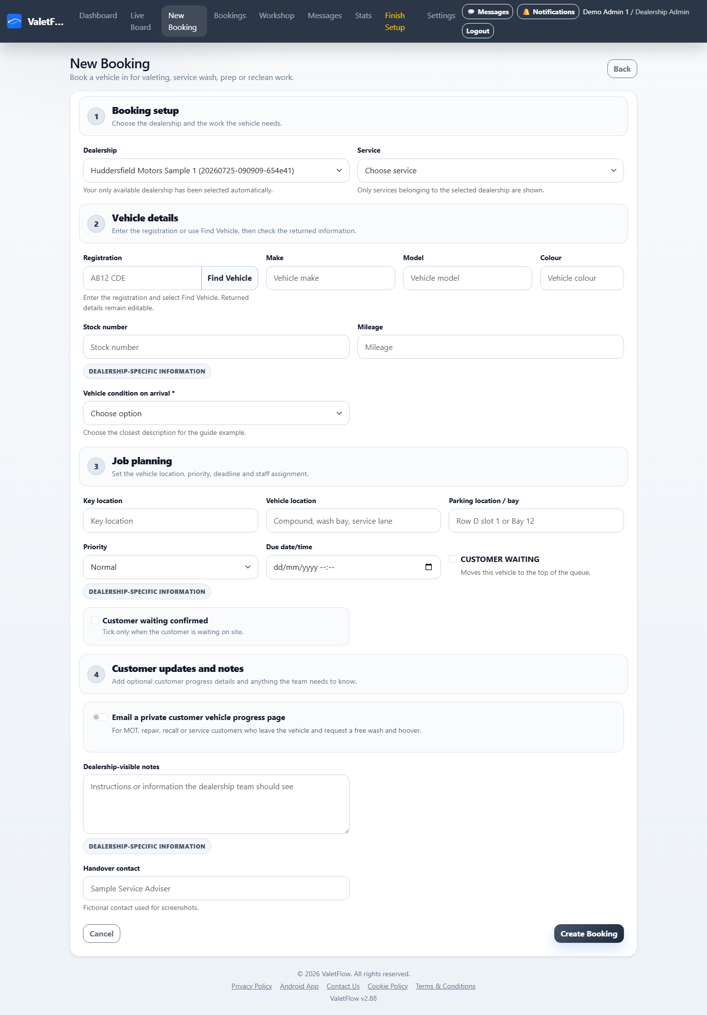 ValetFlow new booking form screenshot