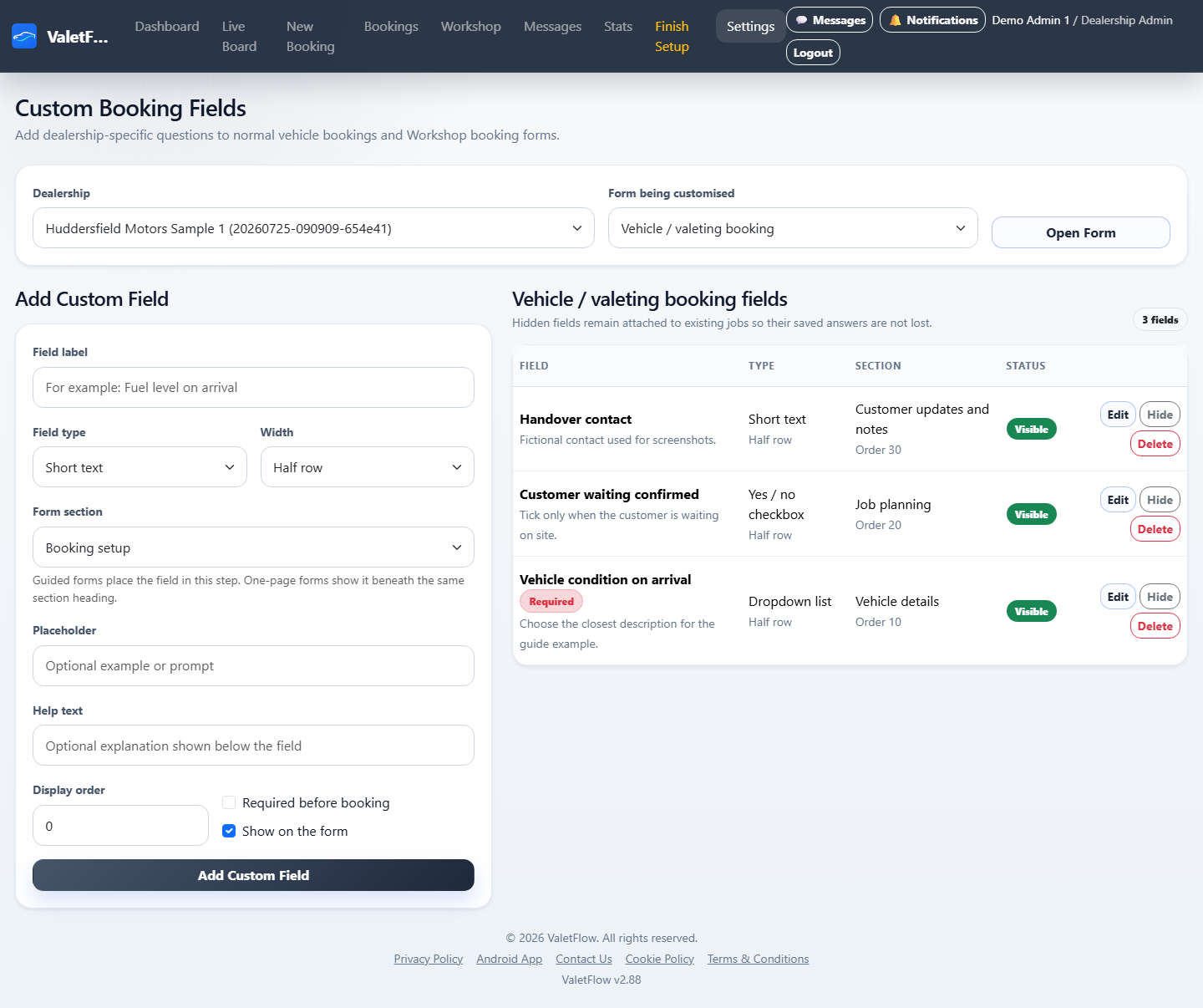 ValetFlow custom vehicle booking fields page showing dealership-defined questions.