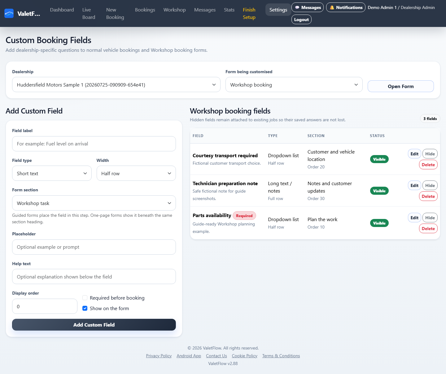 ValetFlow custom Workshop booking fields page showing Workshop-specific questions.