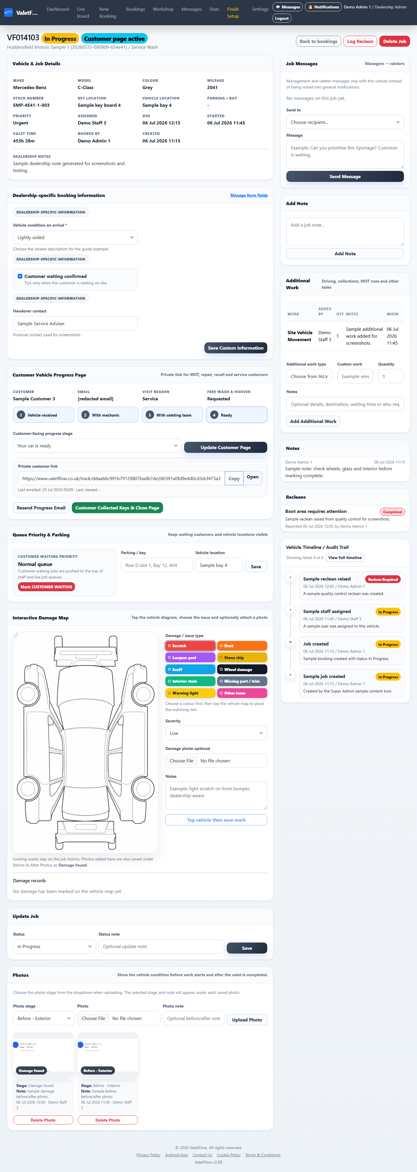 ValetFlow digital vehicle job sheet showing instructions, status, notes, damage and photo controls.