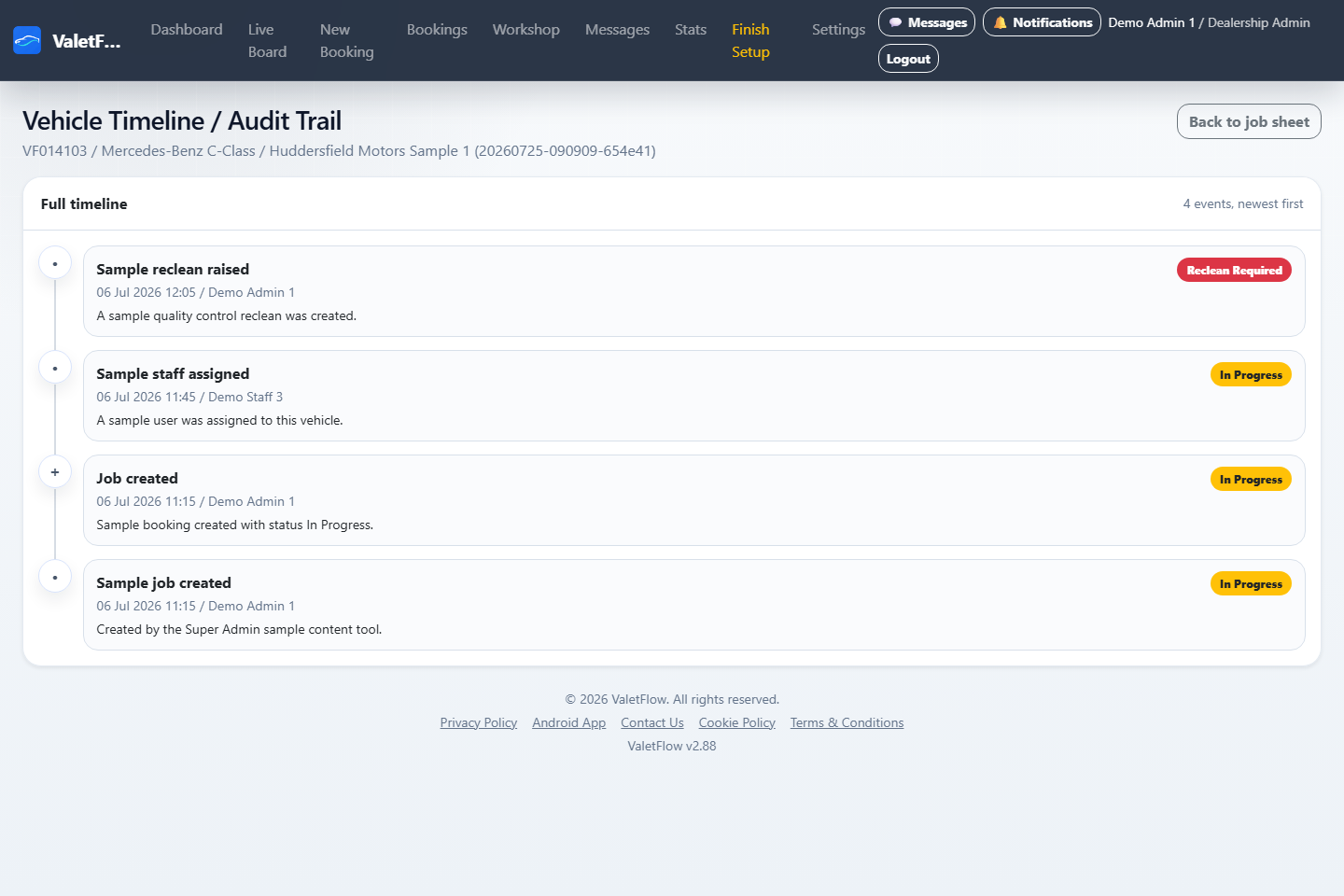 ValetFlow vehicle timeline showing the ordered audit history of a job.