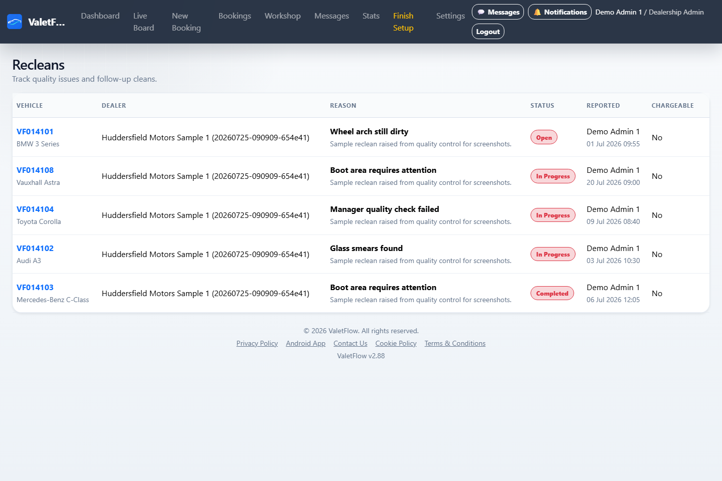 ValetFlow reclean management screenshot