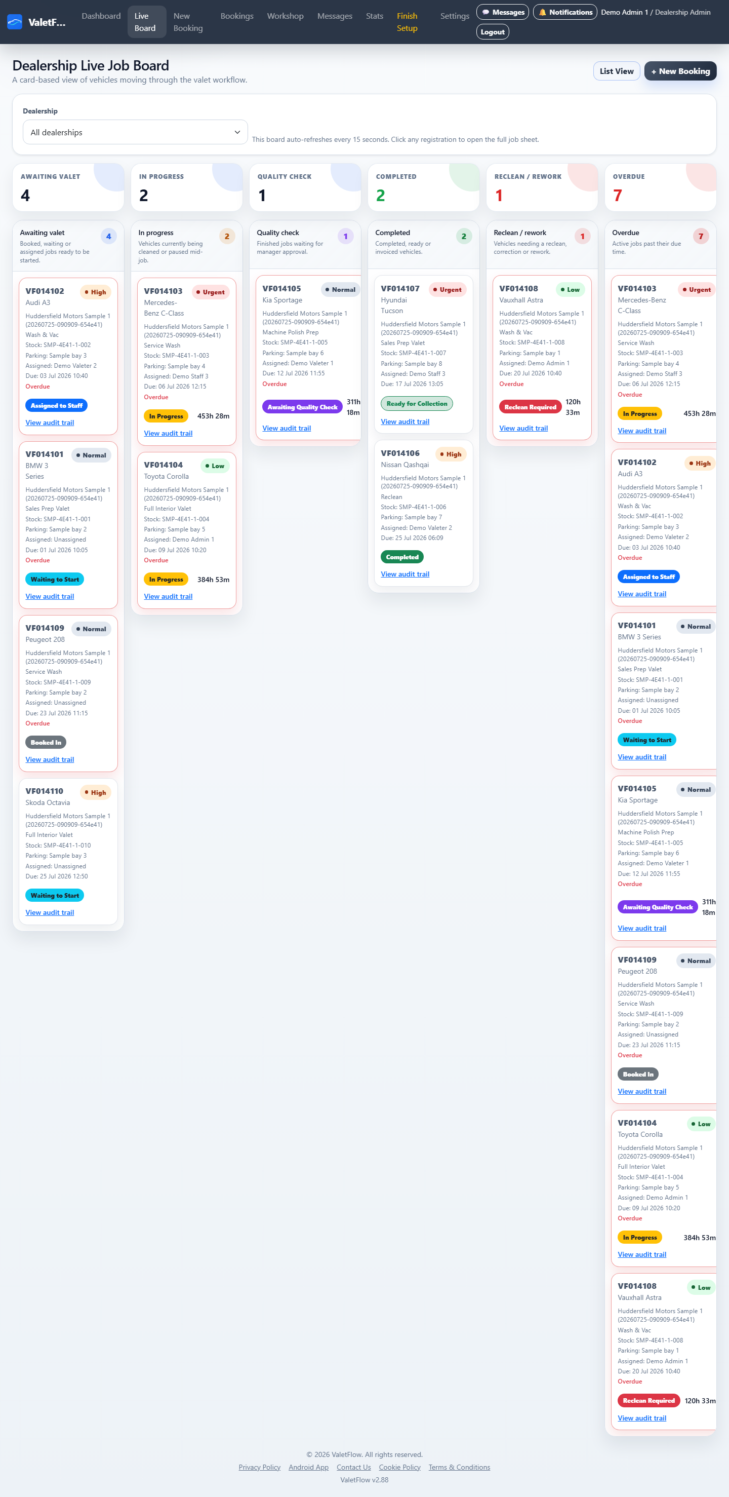 ValetFlow live job board showing vehicles grouped by their current valeting status.