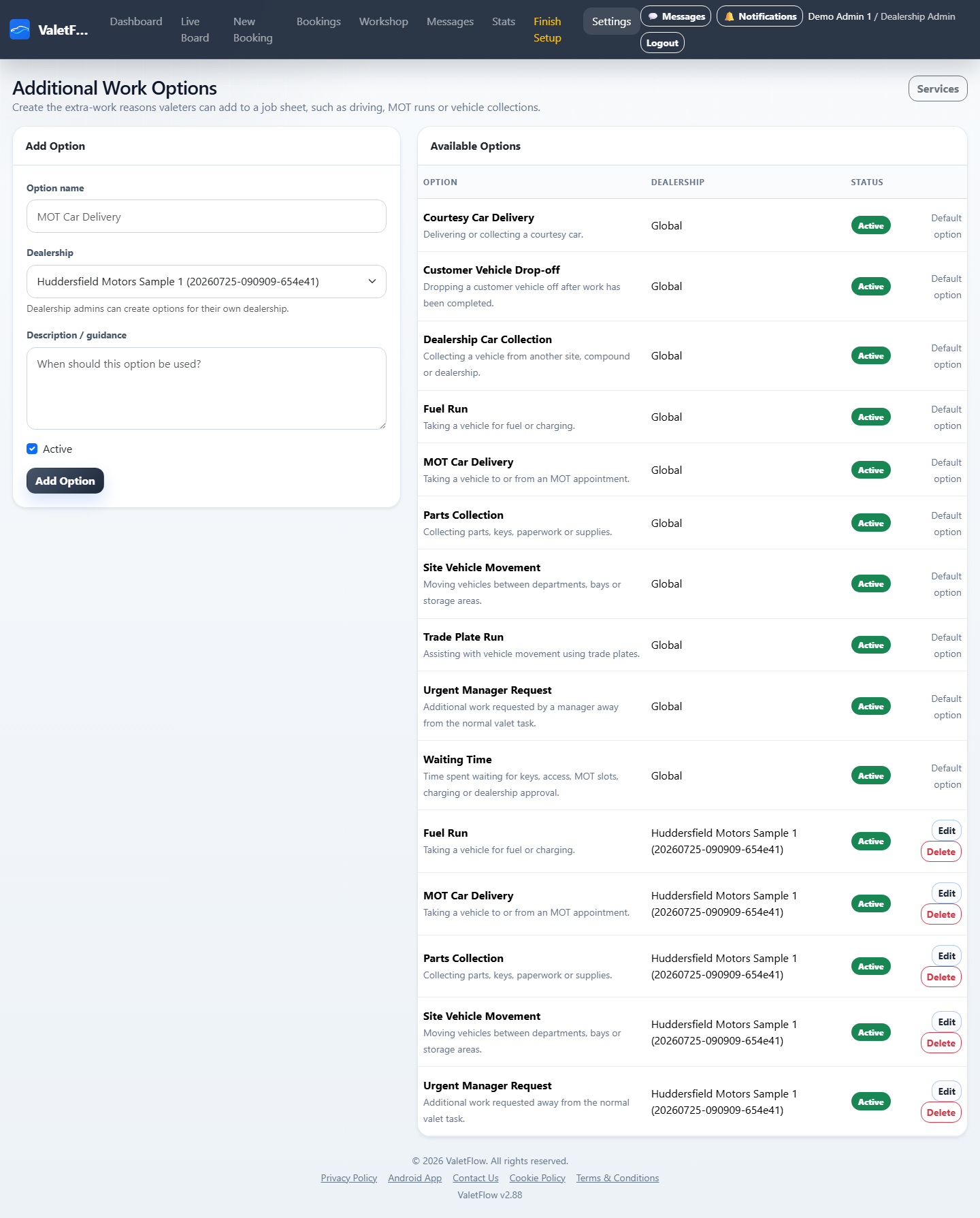 ValetFlow additional work options page showing services that can be added to a job.