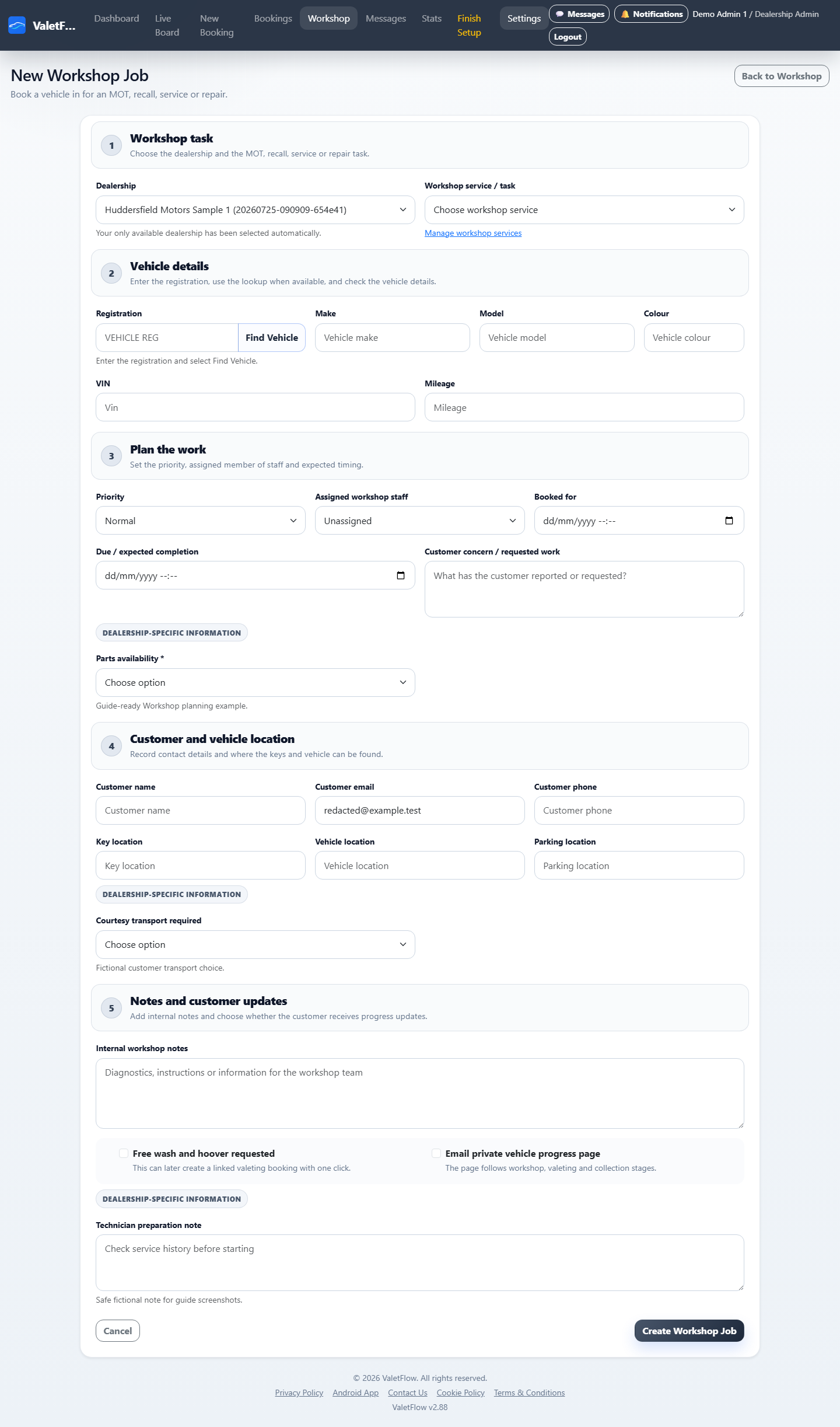 ValetFlow new Workshop job form showing vehicle, service and planning fields.