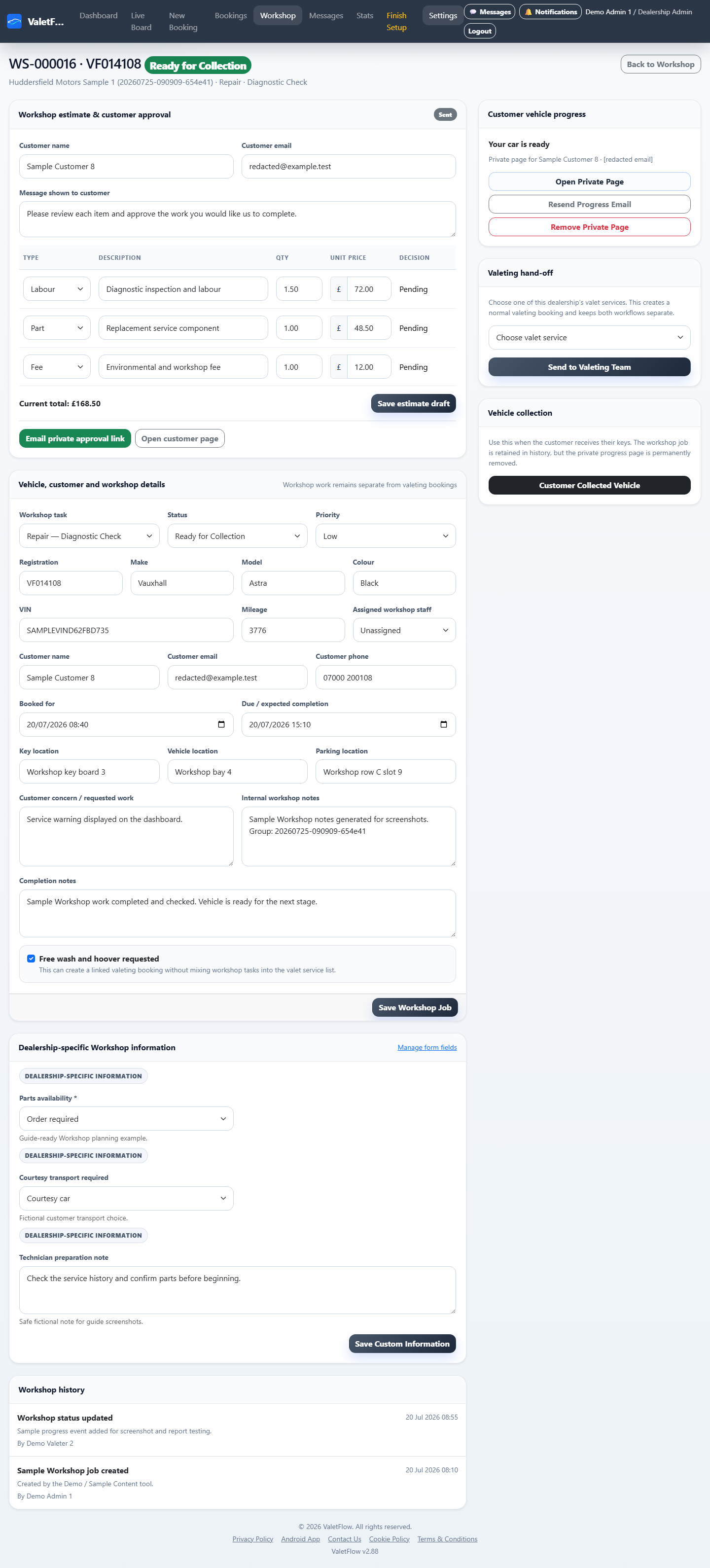ValetFlow Workshop job sheet and estimate editor showing job progress and approval items.