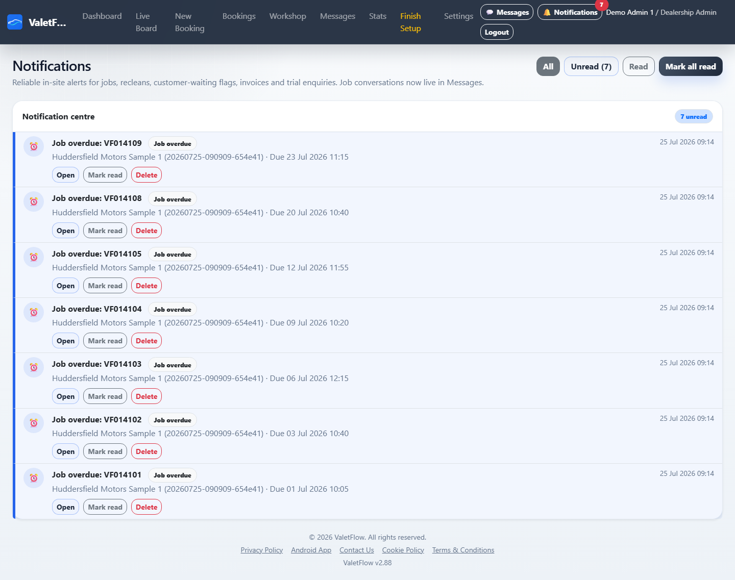 ValetFlow notification centre showing recent alerts and activity.