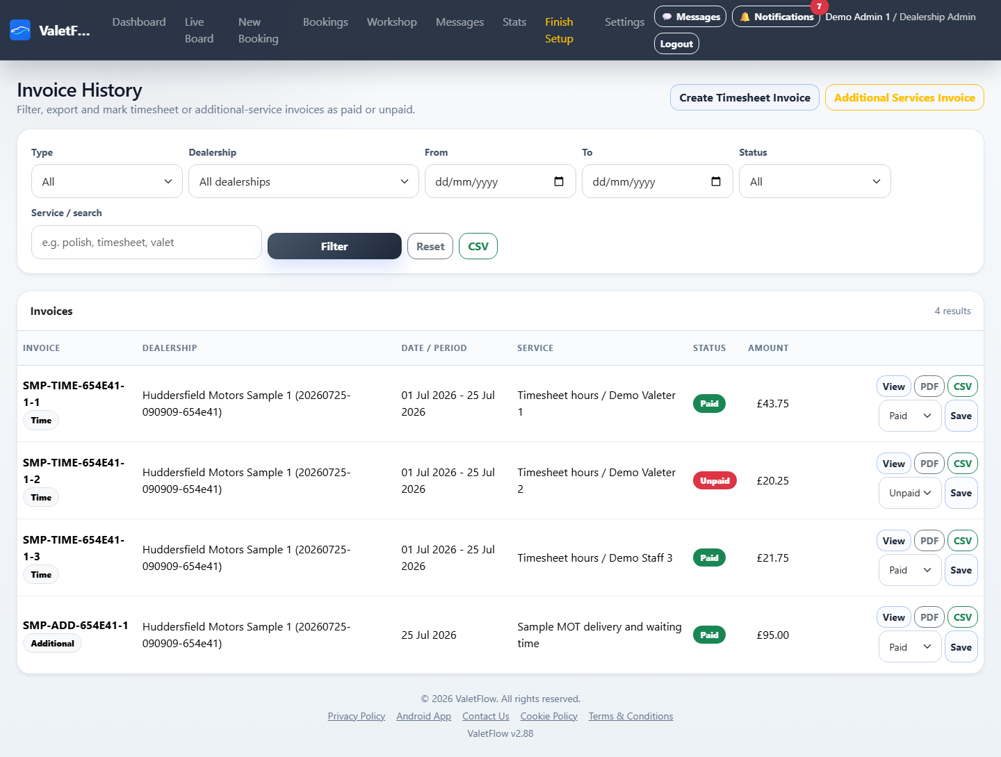 ValetFlow invoice history page showing dealership, date and payment filters.