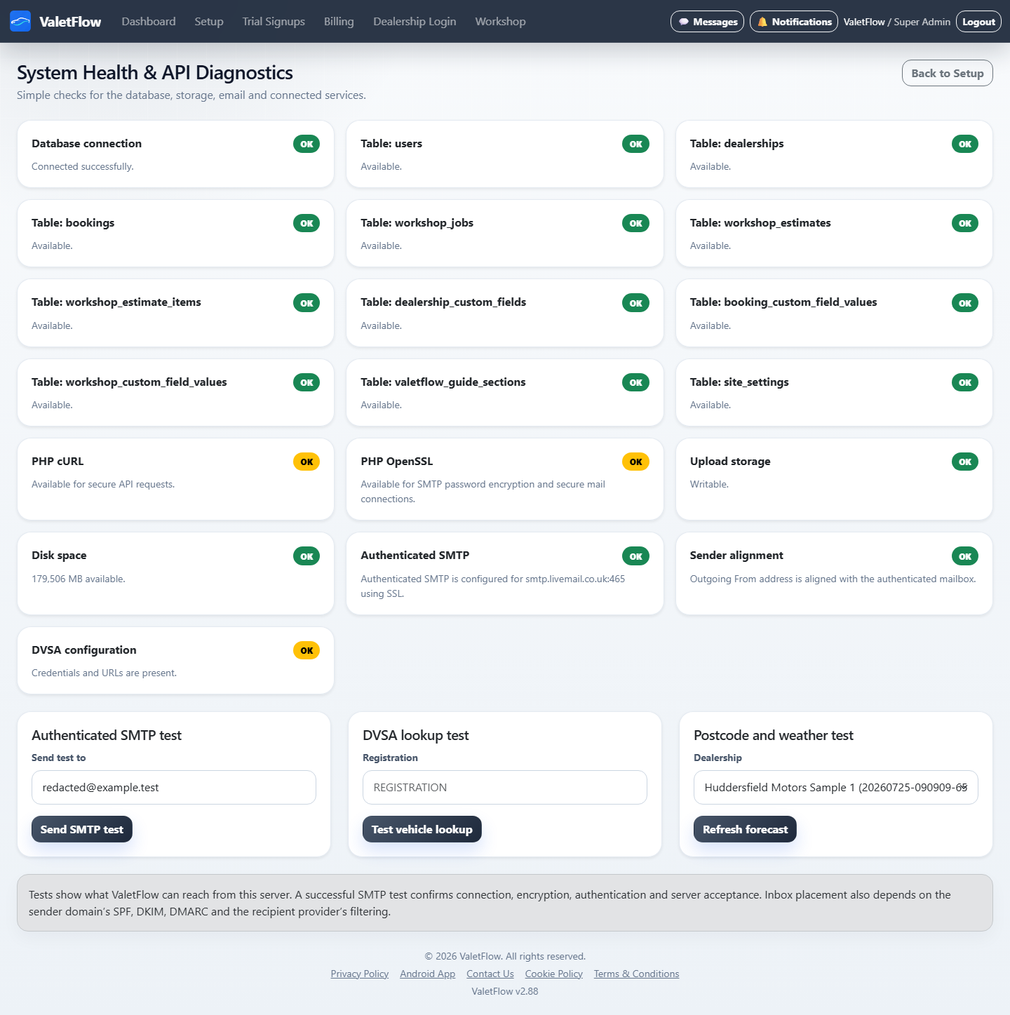 ValetFlow System Health and API diagnostics page showing platform checks.