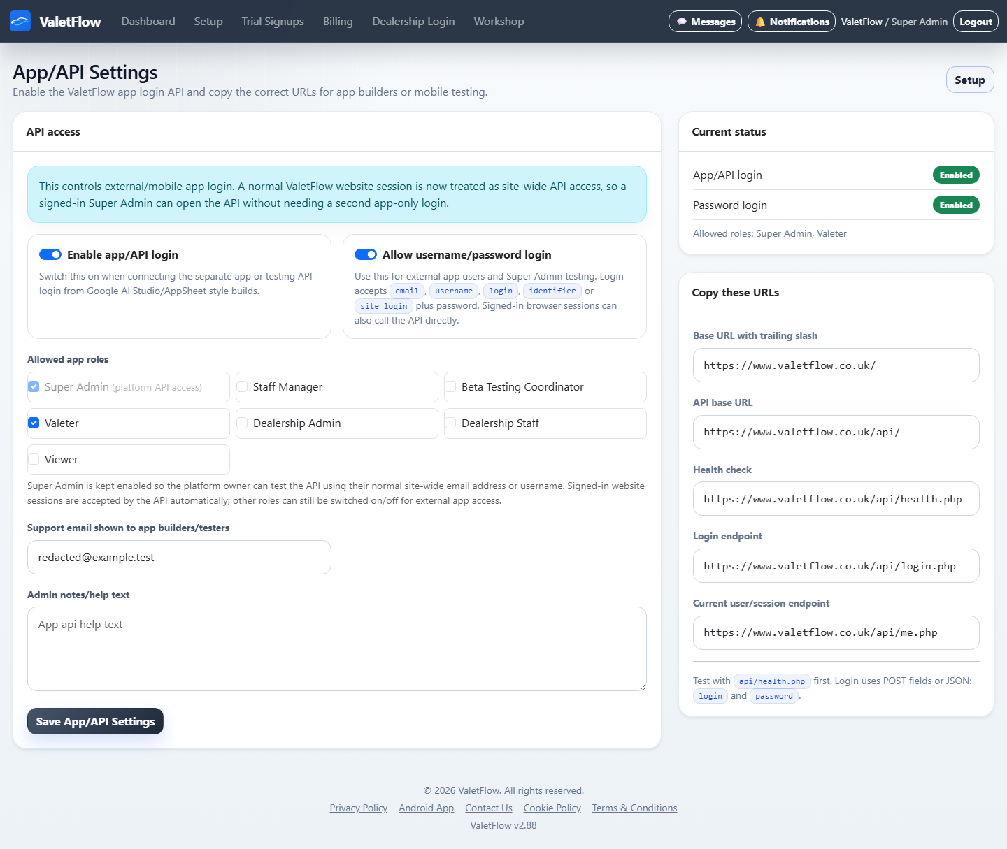 ValetFlow App and API settings page with sensitive contact fields redacted.
