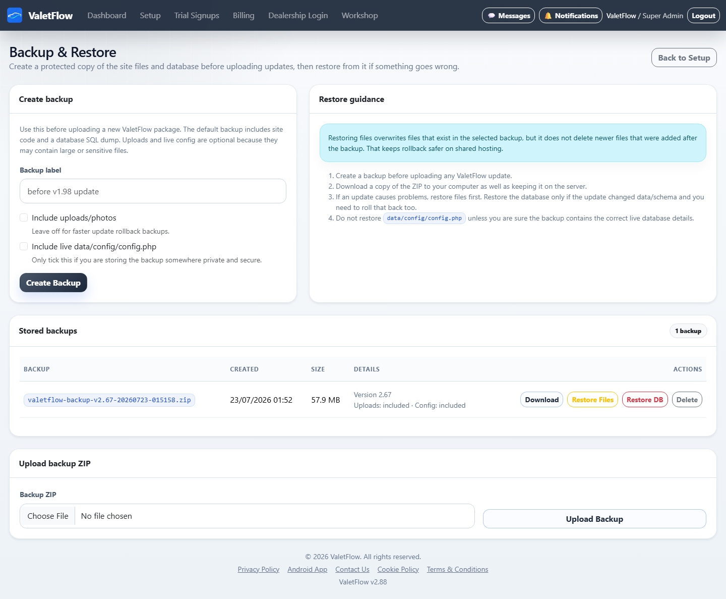 ValetFlow Backup and Restore page showing backup creation and recovery controls.