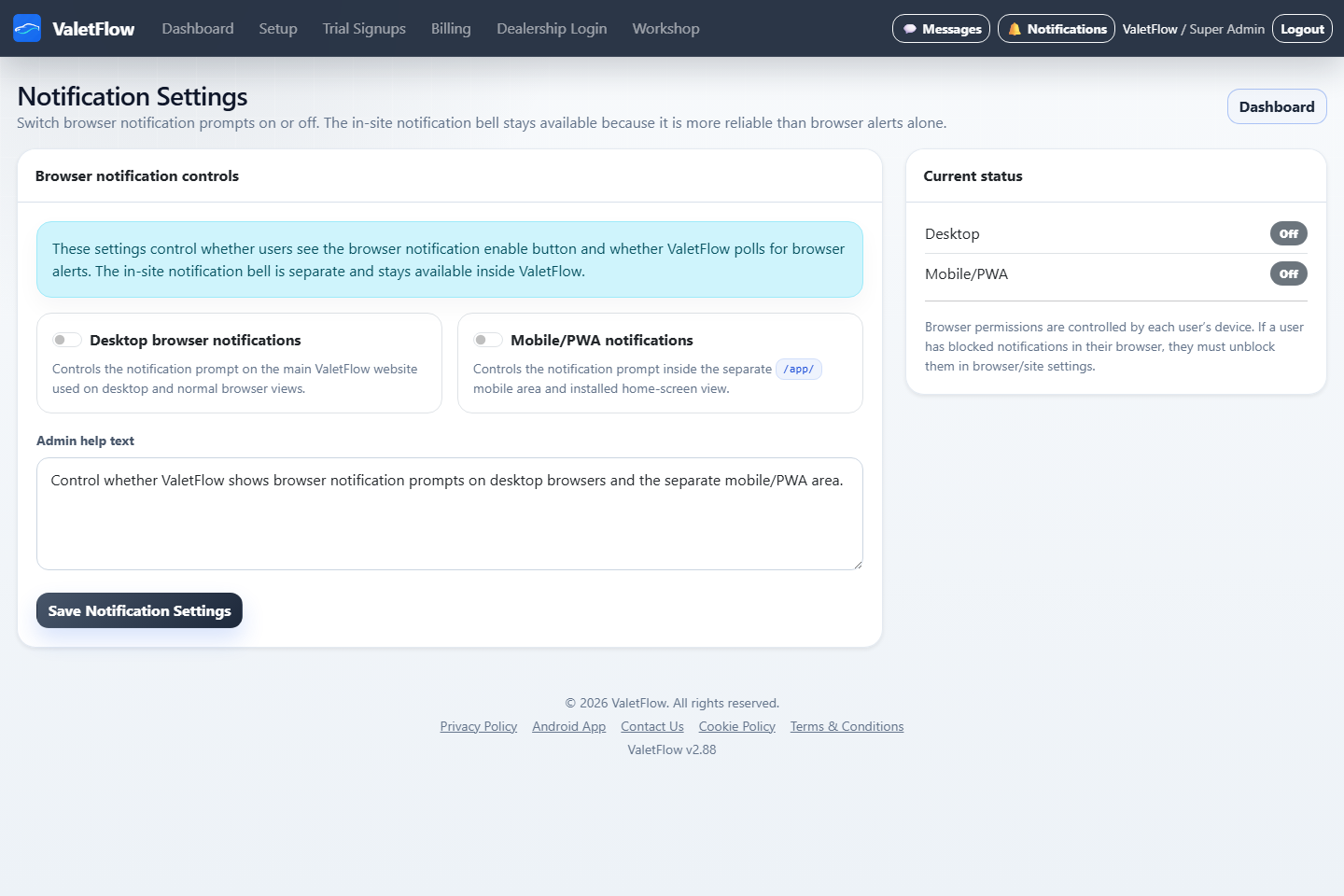 ValetFlow platform notification settings showing administrator delivery controls.