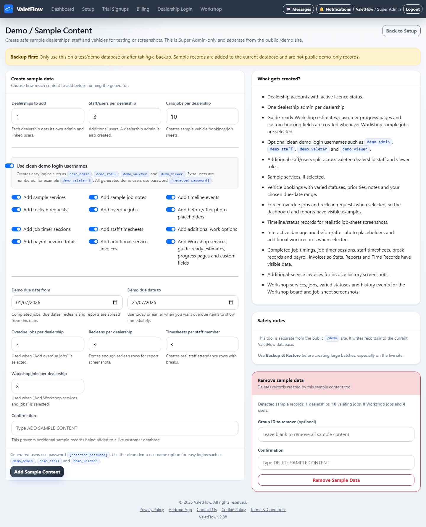 ValetFlow Demo and Sample Content page showing fictional data generation controls.