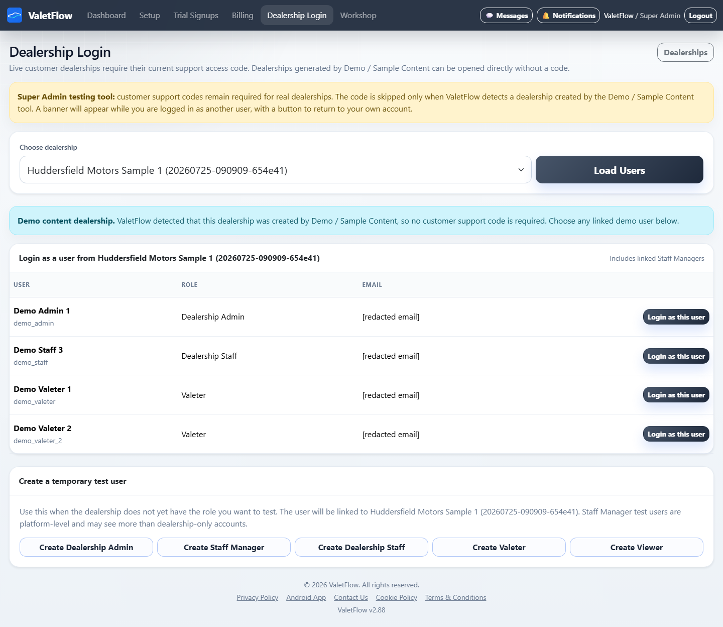 ValetFlow Dealership Login testing page showing redacted sample users and roles.