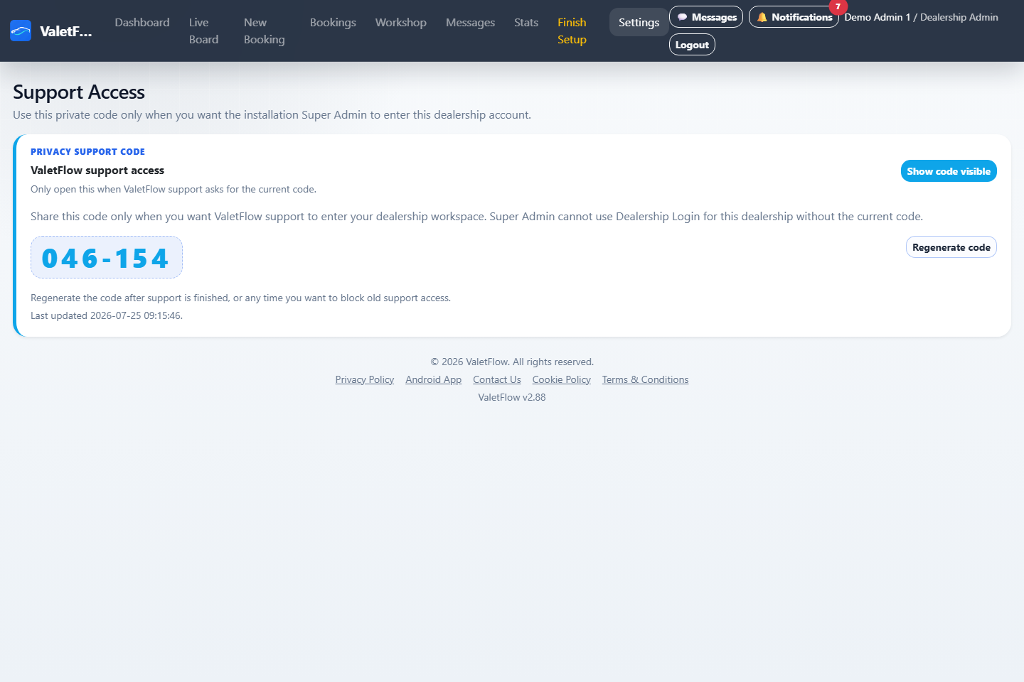 ValetFlow dealership support access page showing temporary support controls.