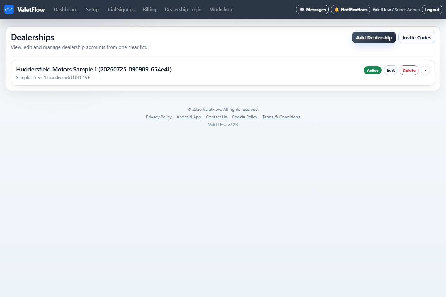 ValetFlow dealership management page showing sample dealership records.