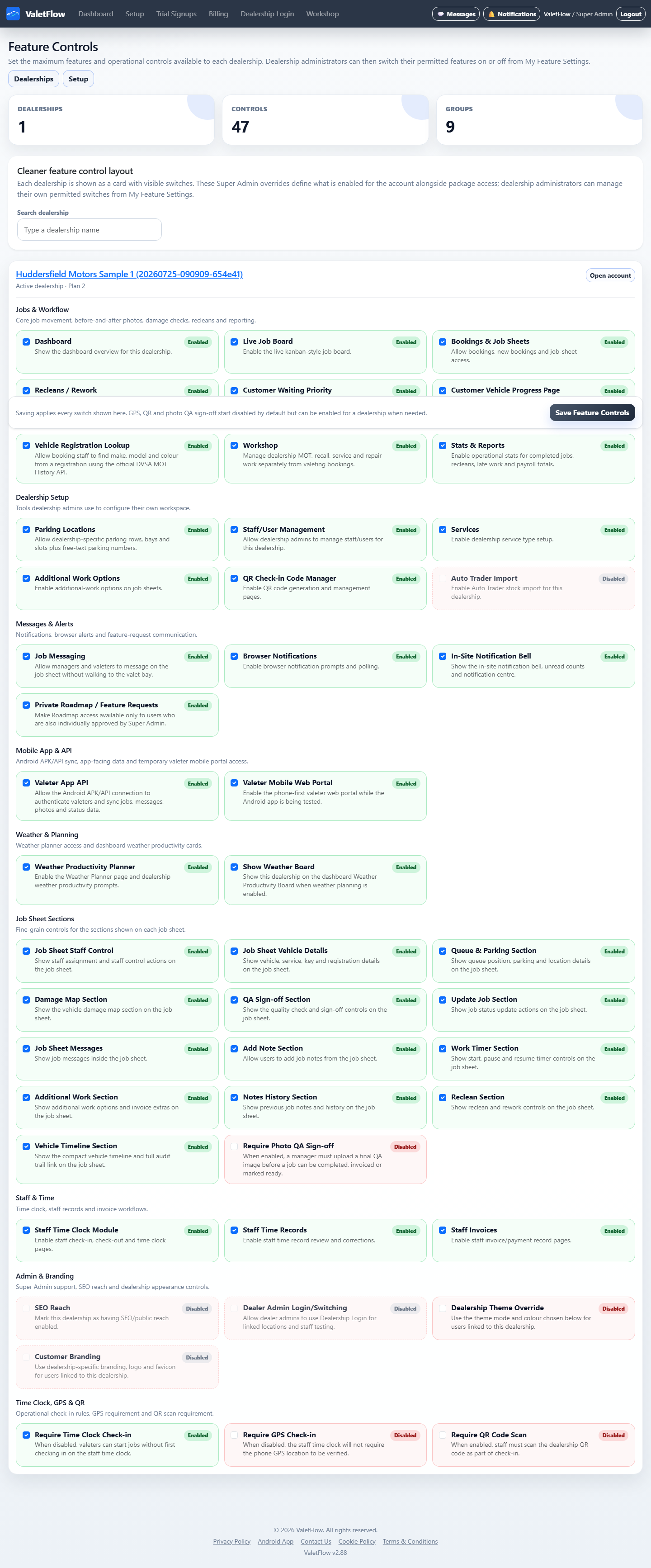 ValetFlow dealership Feature Controls page showing enabled and disabled capabilities.