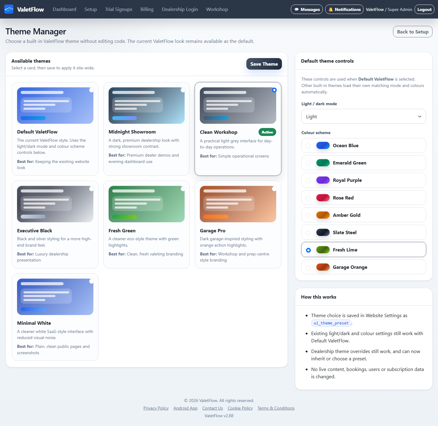 ValetFlow appearance settings page showing colour theme and branding controls.