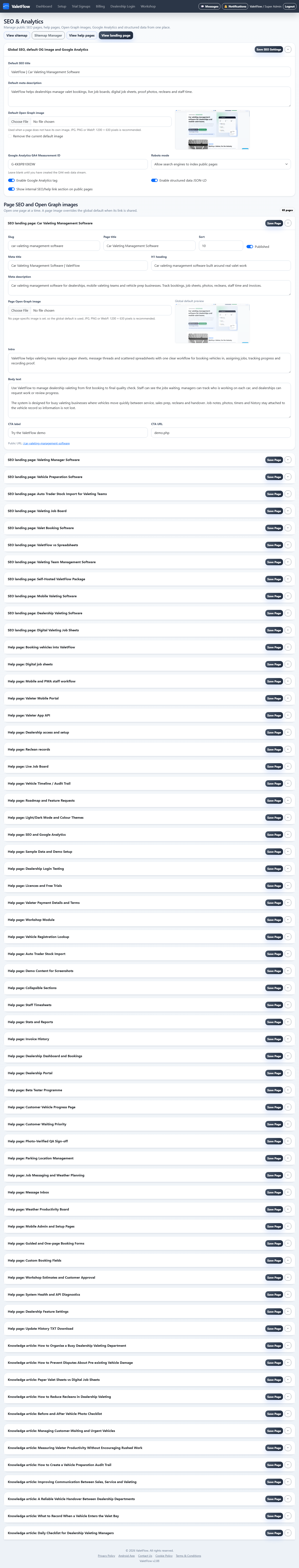 ValetFlow SEO and analytics settings page showing public-site configuration.