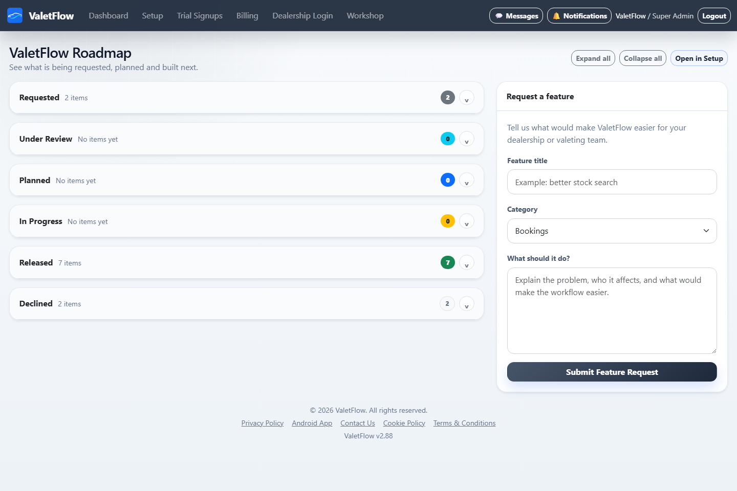 ValetFlow roadmap and feature requests page showing planned and completed improvements.